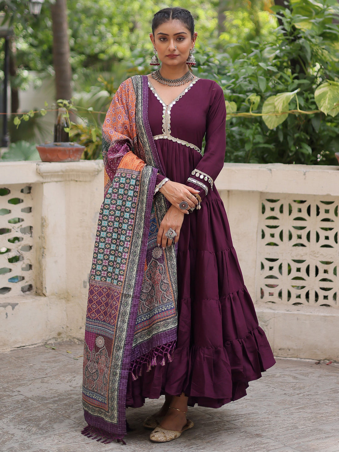Aesthetic Wine Roman Silk Event Wear Gown With Printed Dupatta
