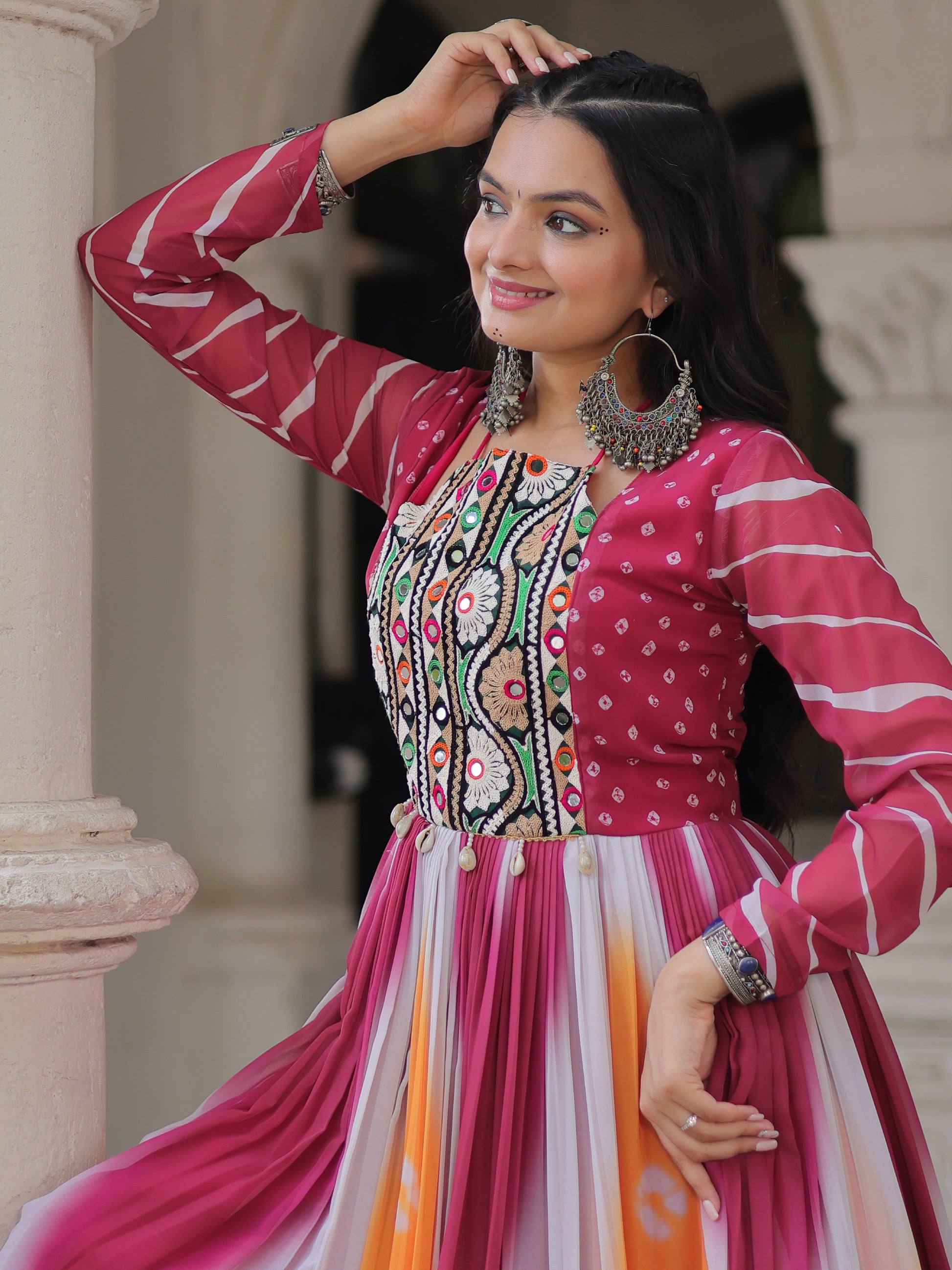 Charming Orange Gamthi Embroidery Georgette Navratri Special Gown
