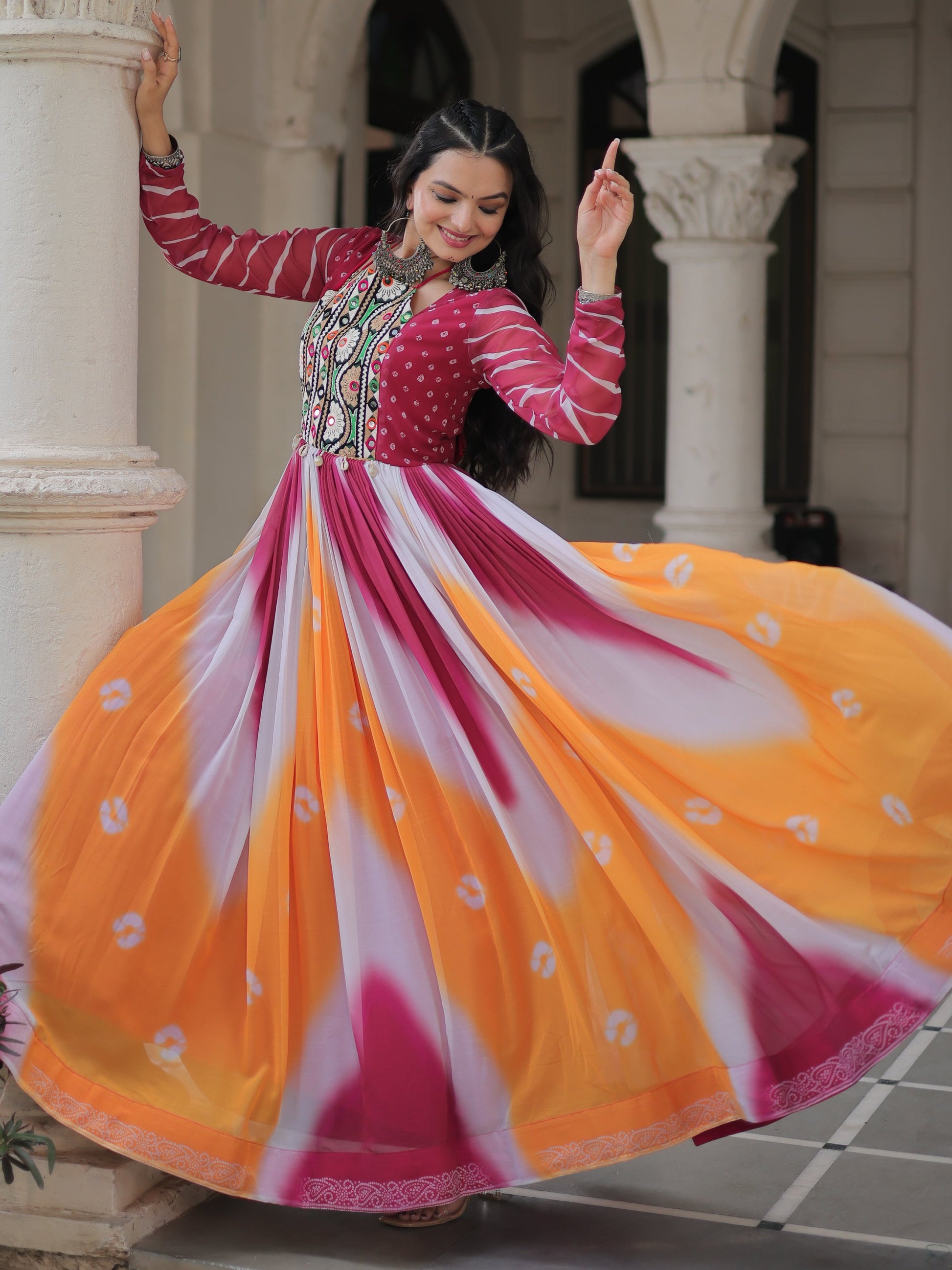 Charming Orange Gamthi Embroidery Georgette Navratri Special Gown