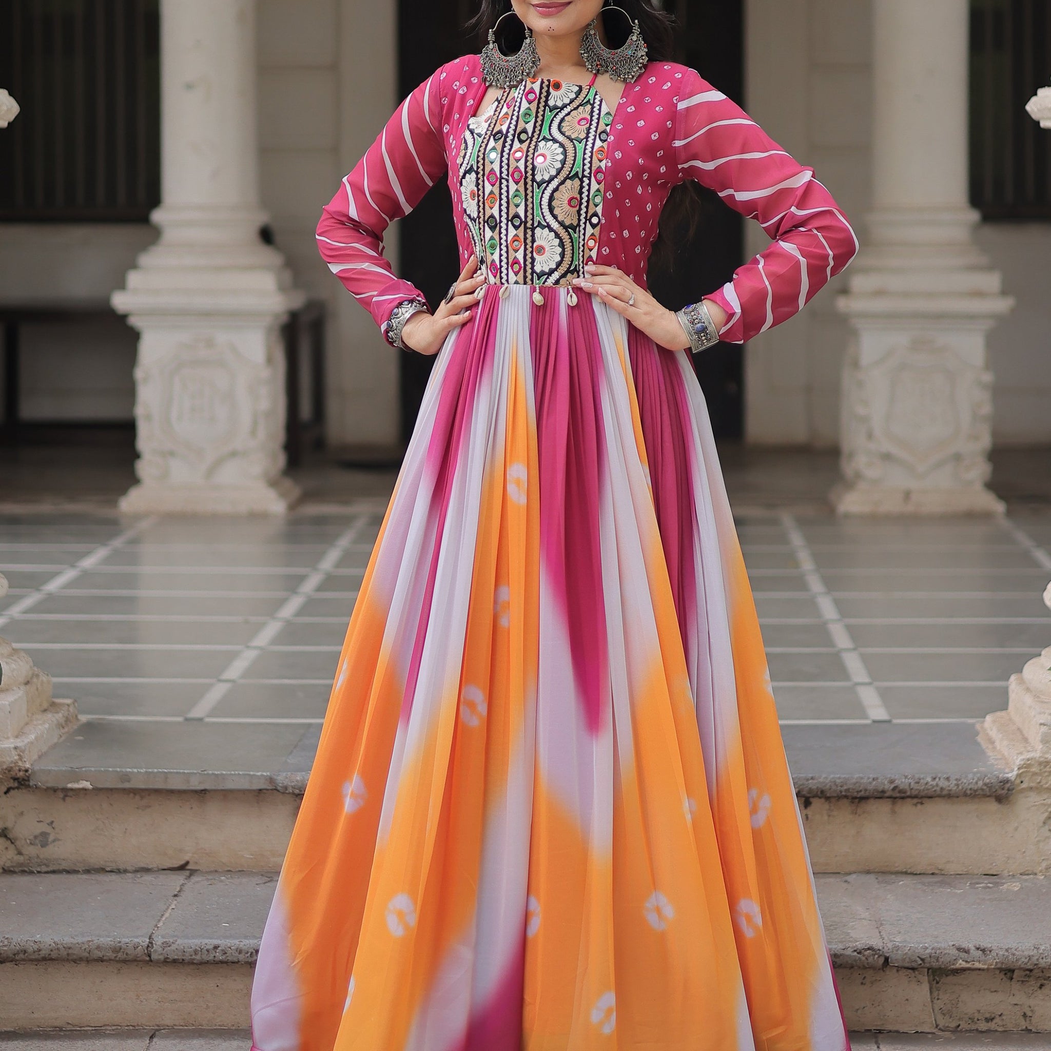 Charming Orange Gamthi Embroidery Georgette Navratri Special Gown