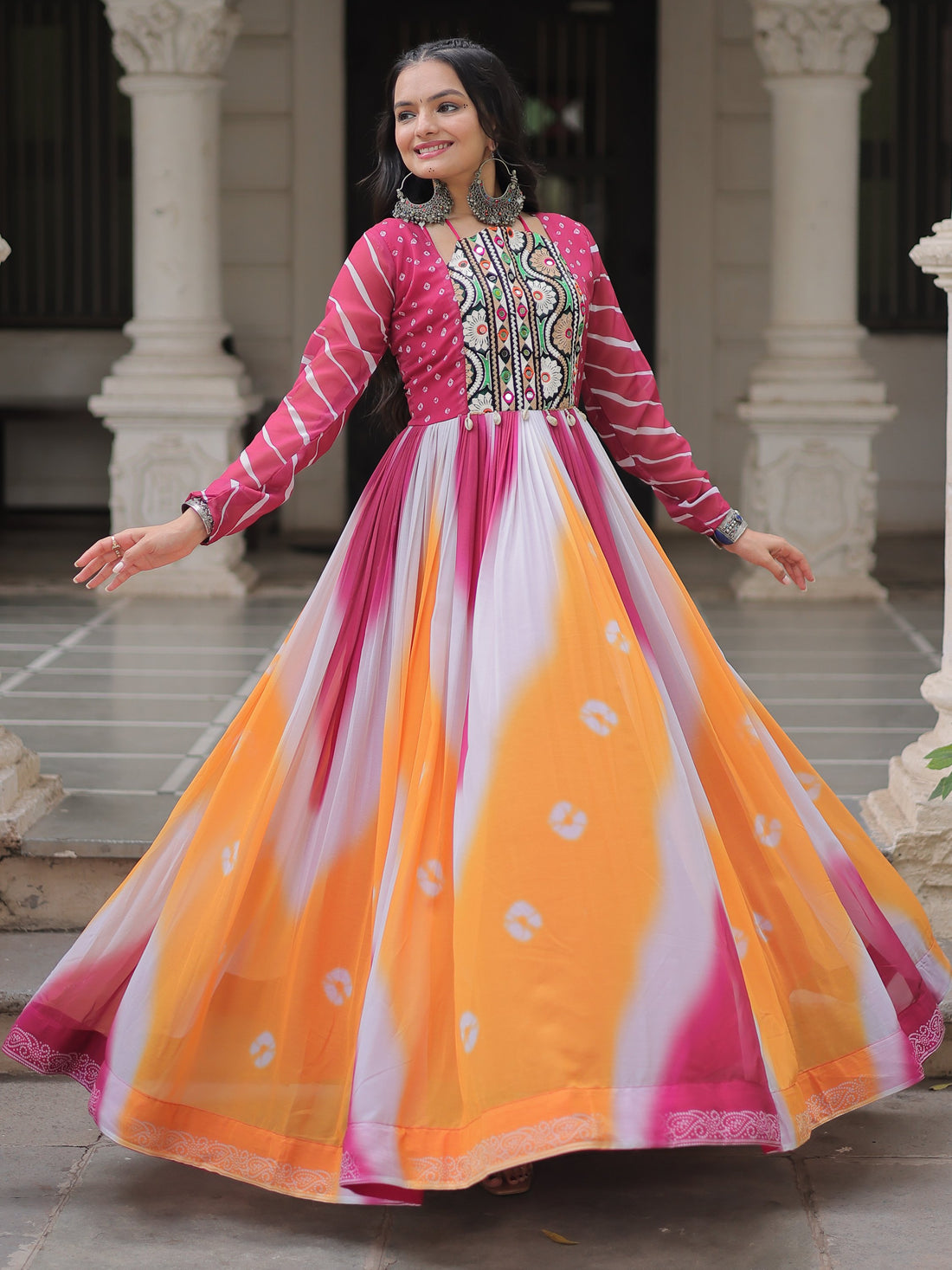 Charming Orange Gamthi Embroidery Georgette Navratri Special Gown