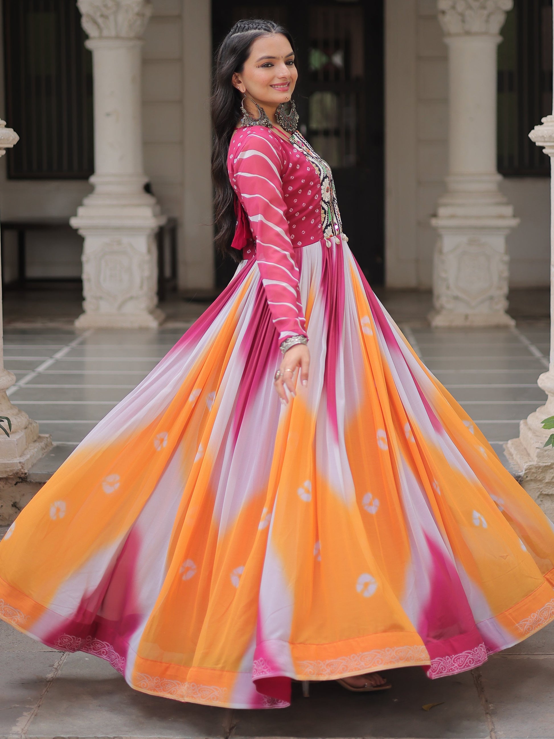 Charming Orange Gamthi Embroidery Georgette Navratri Special Gown