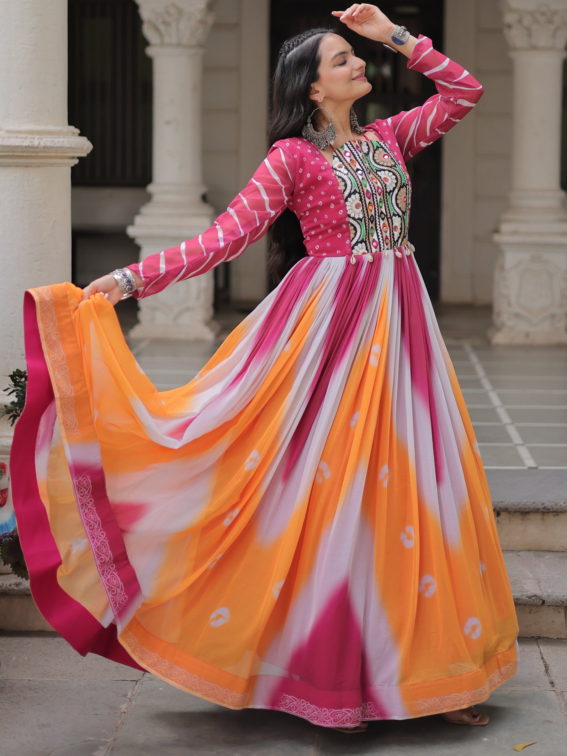 Charming Orange Gamthi Embroidery Georgette Navratri Special Gown