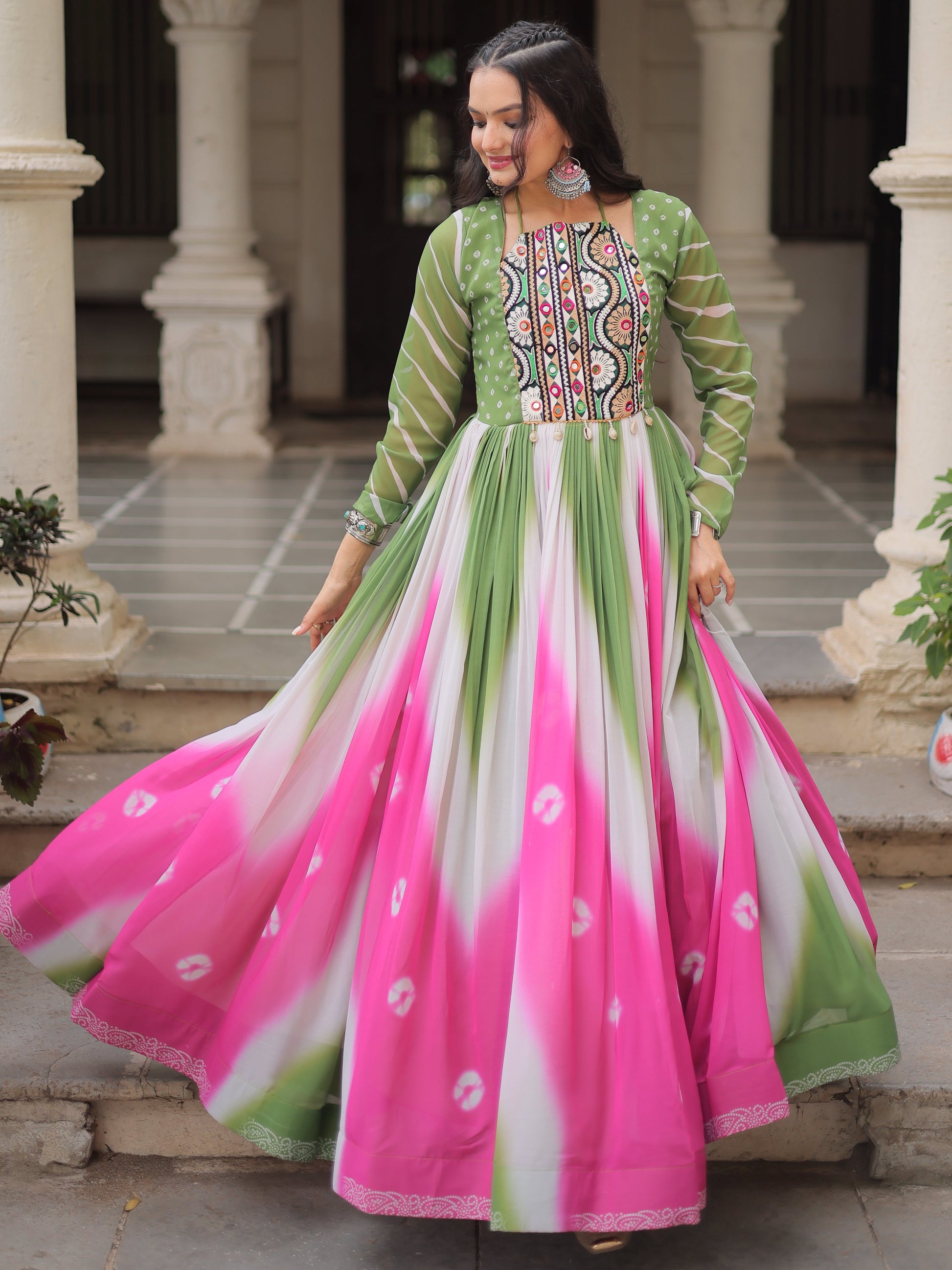 Classic Pista Green Bandhej Print Georgette Festive Special Gown