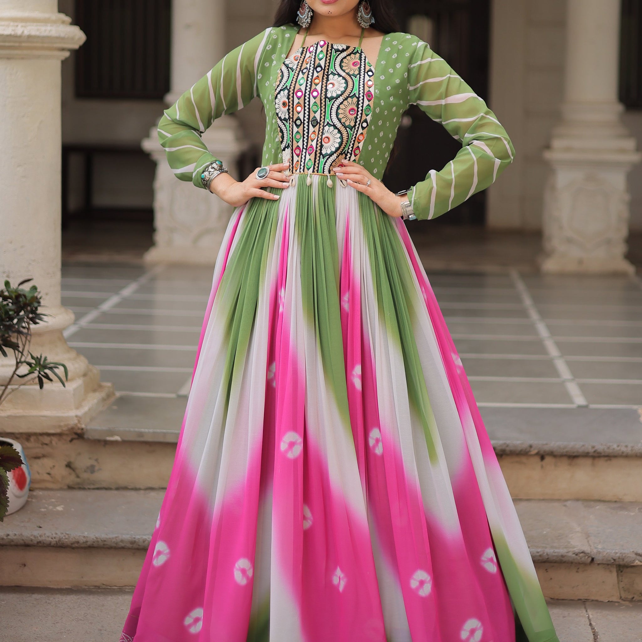 Classic Pista Green Bandhej Print Georgette Festive Special Gown