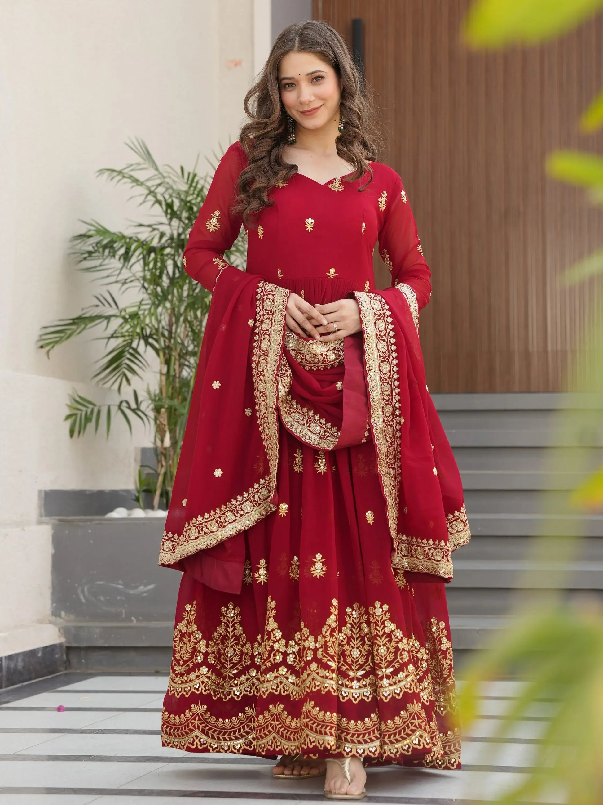 Fantastic Maroon Zari Work Georgette Wedding Wear Gown With Dupatta