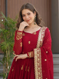 Fantastic Maroon Zari Work Georgette Wedding Wear Gown With Dupatta