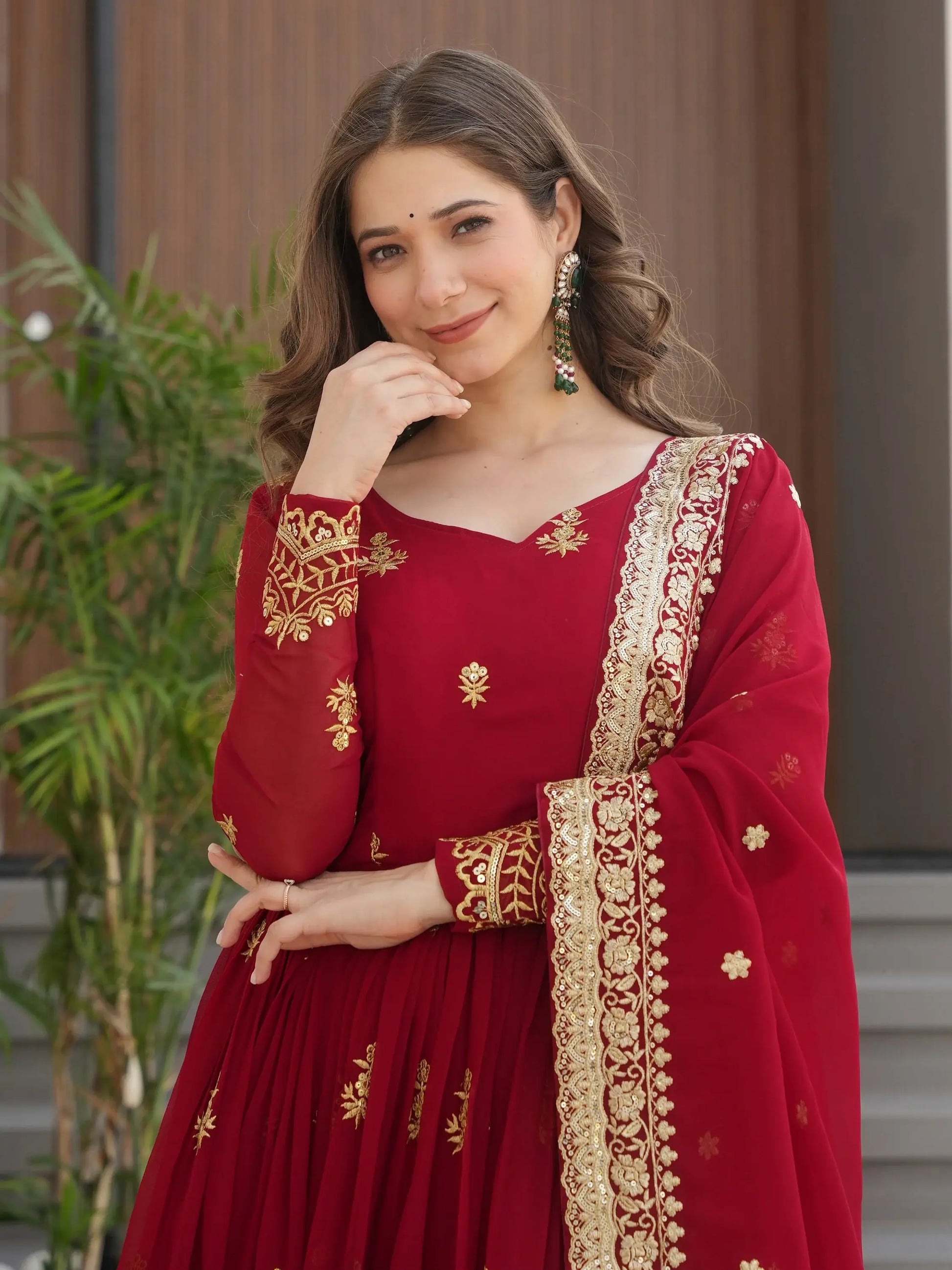 Fantastic Maroon Zari Work Georgette Wedding Wear Gown With Dupatta
