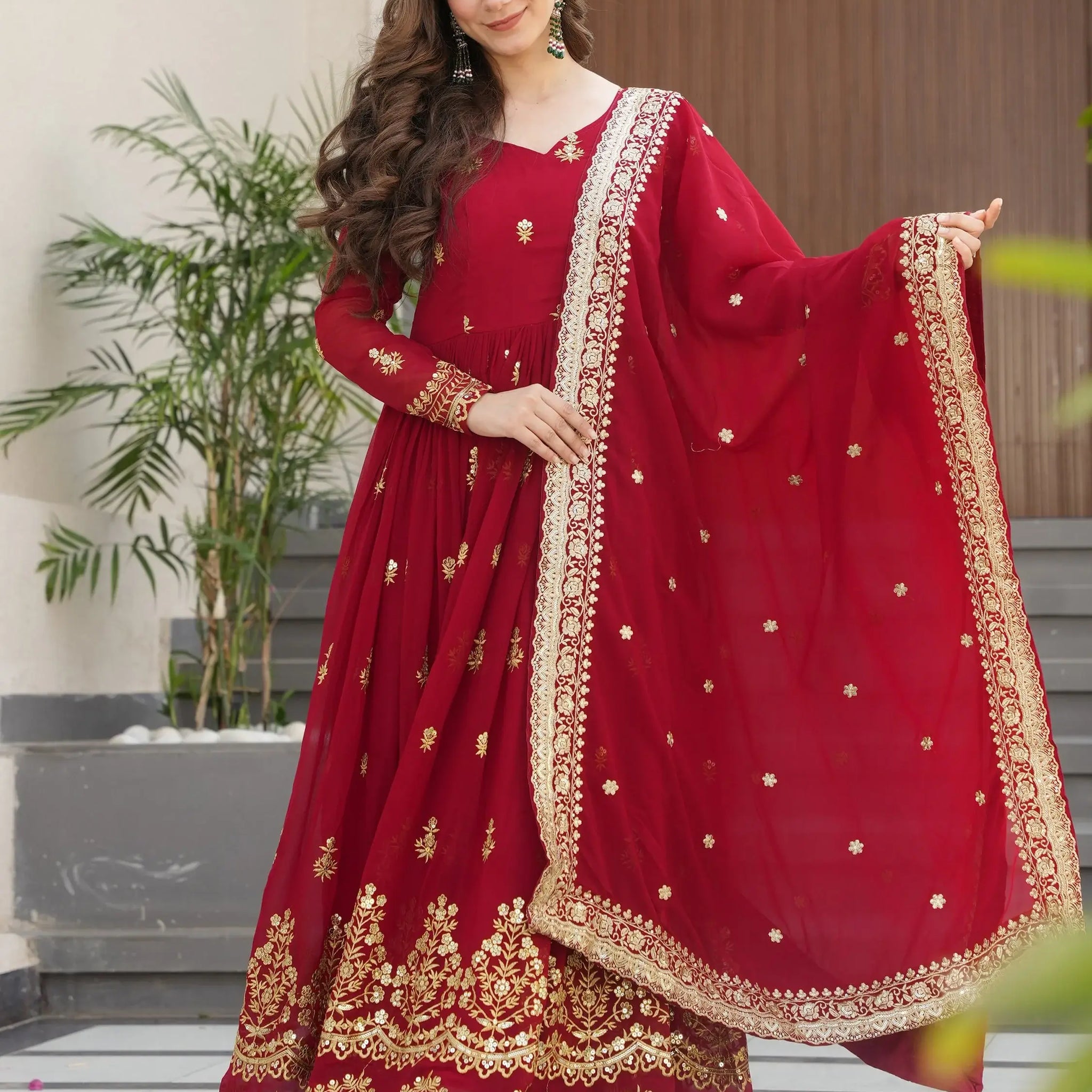 Fantastic Maroon Zari Work Georgette Wedding Wear Gown With Dupatta