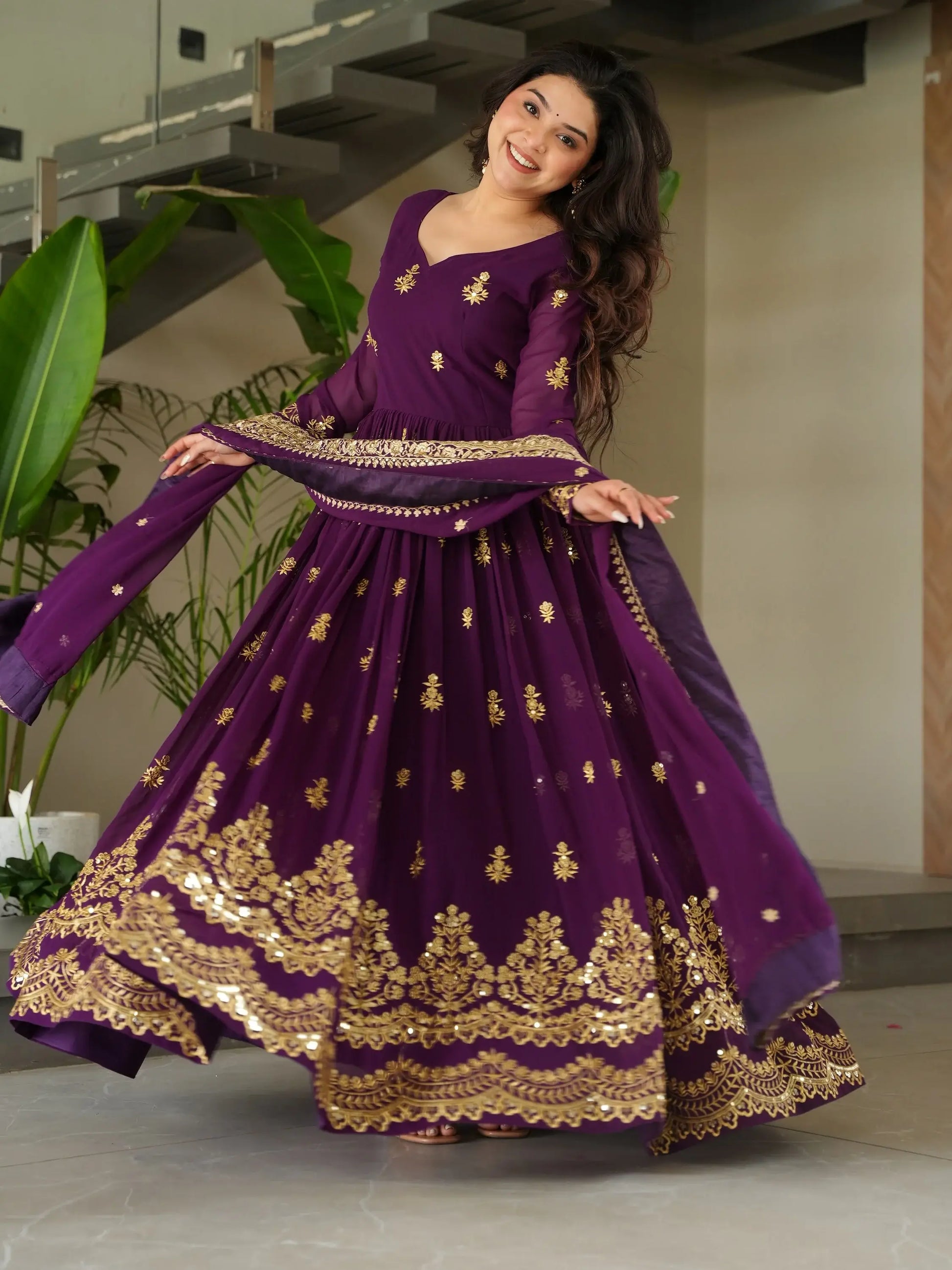Dazzling Purple Sequins Georgette Function Wear Gown With Dupatta