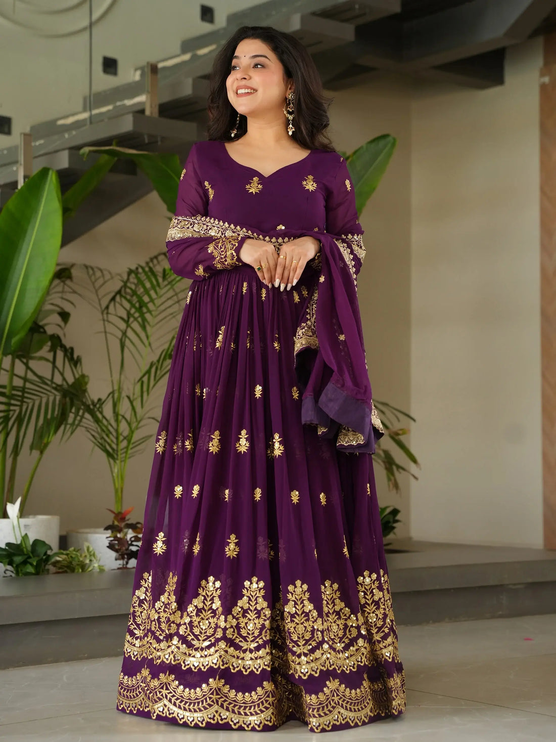 Dazzling Purple Sequins Georgette Function Wear Gown With Dupatta