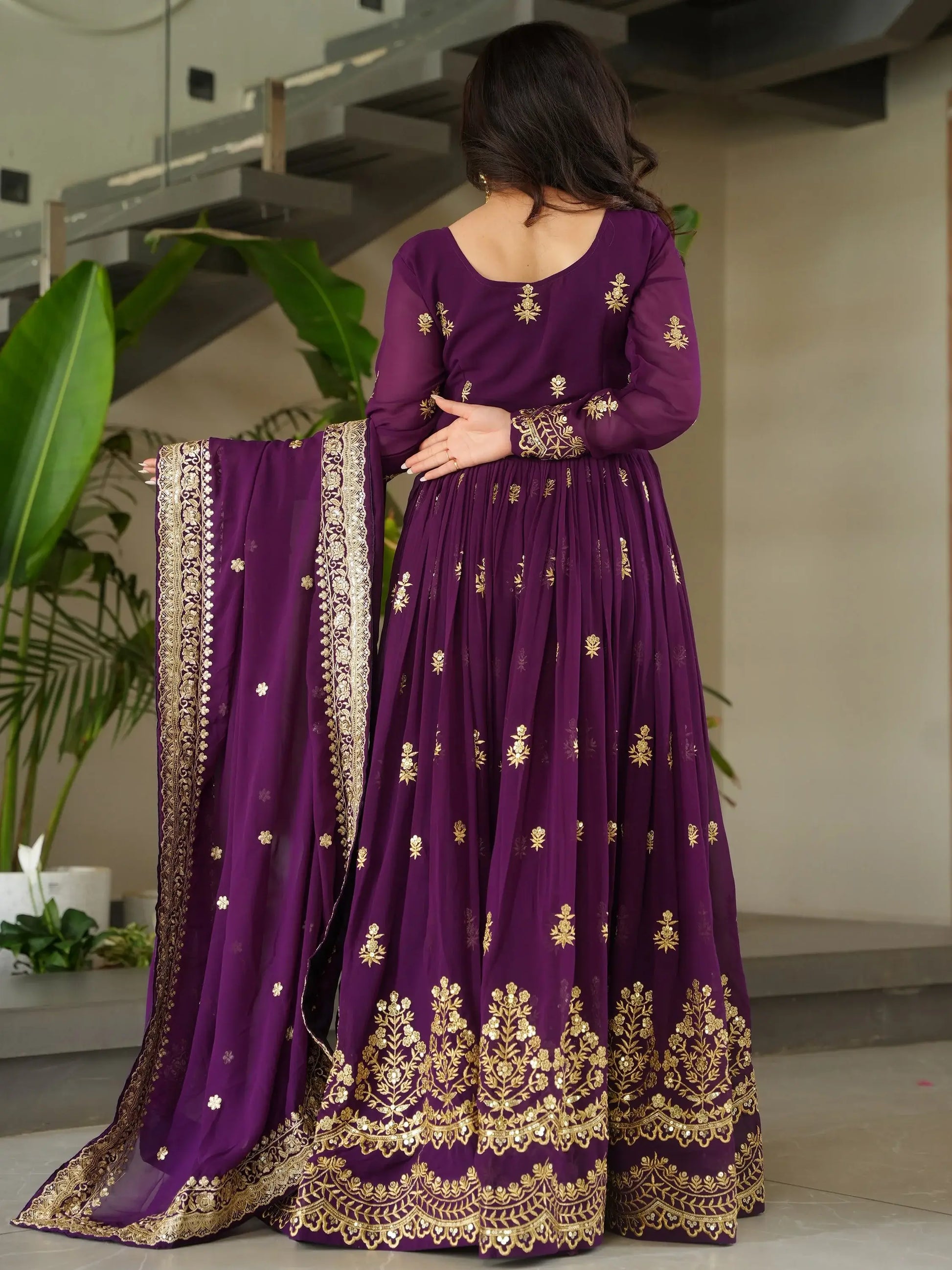 Dazzling Purple Sequins Georgette Function Wear Gown With Dupatta