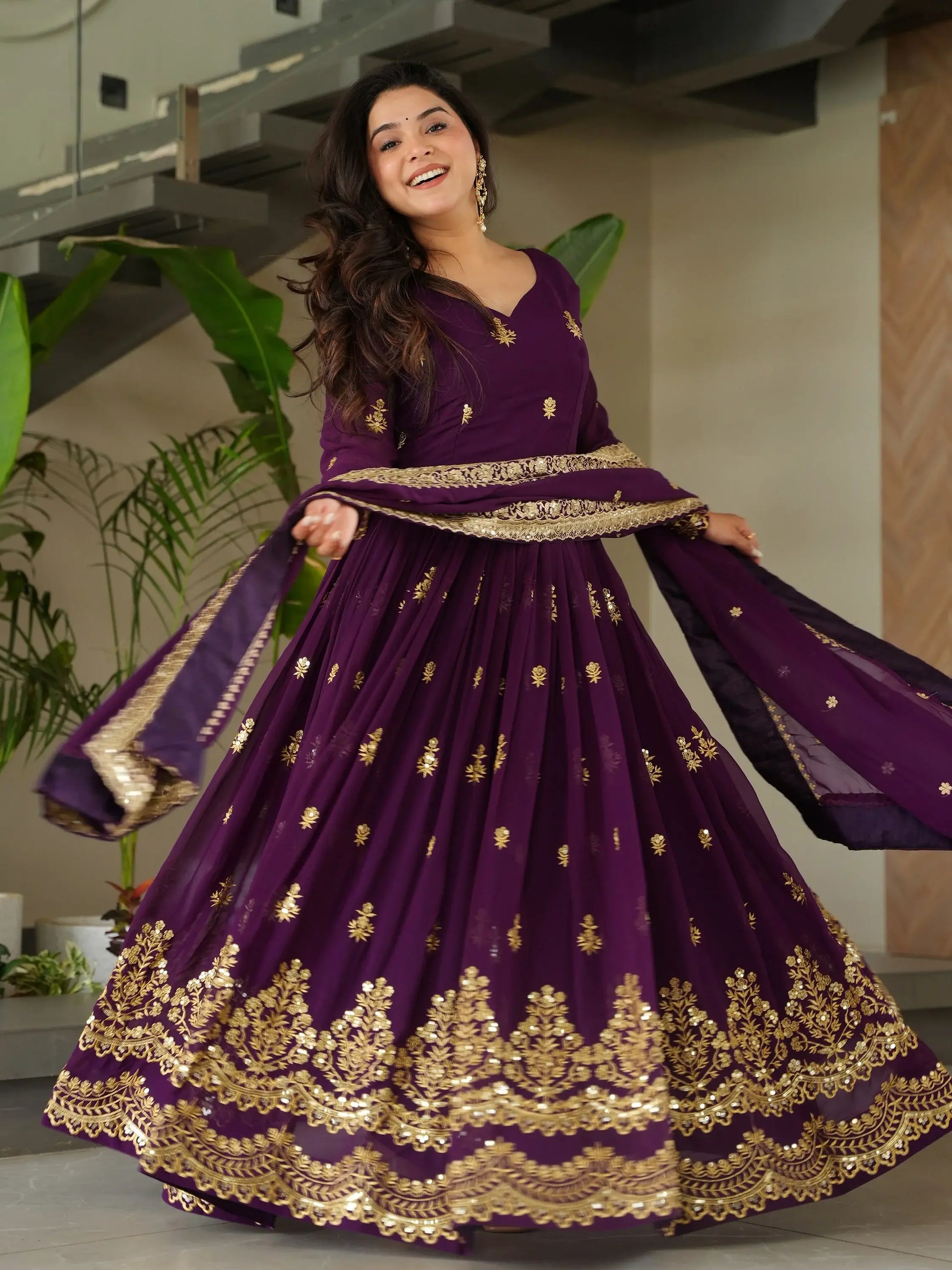 Dazzling Purple Sequins Georgette Function Wear Gown With Dupatta