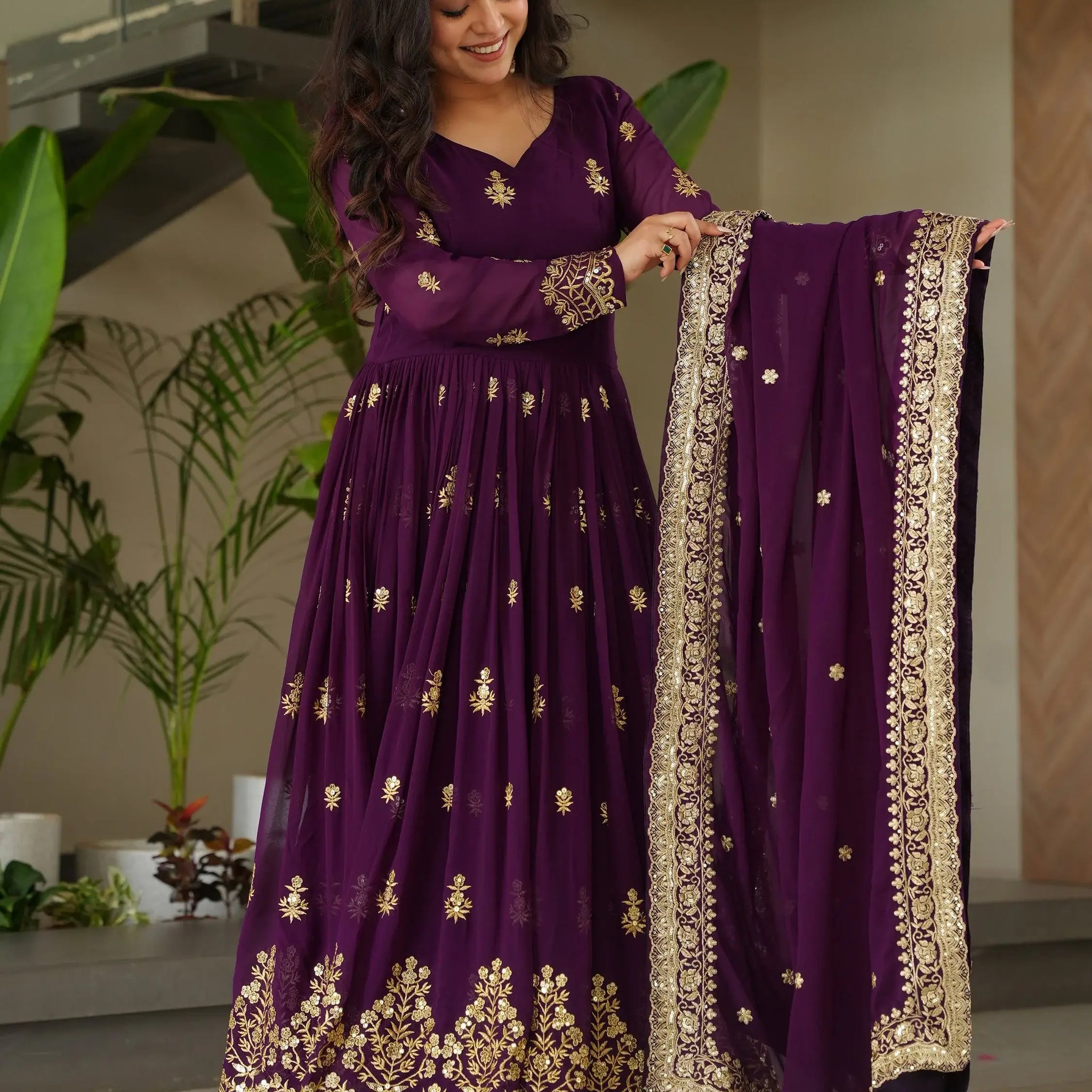 Dazzling Purple Sequins Georgette Function Wear Gown With Dupatta