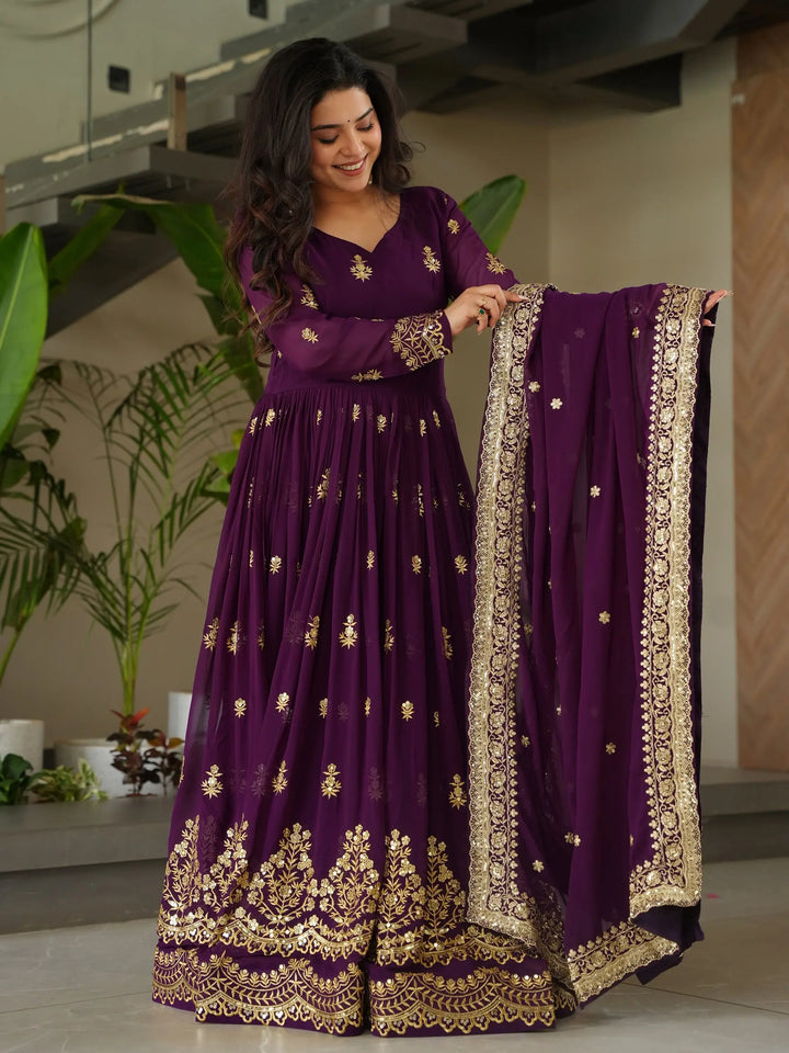 Dazzling Purple Sequins Georgette Function Wear Gown With Dupatta