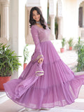 Great Lavender Zari Embroidery Georgette Event Wear Gown With Dupatta