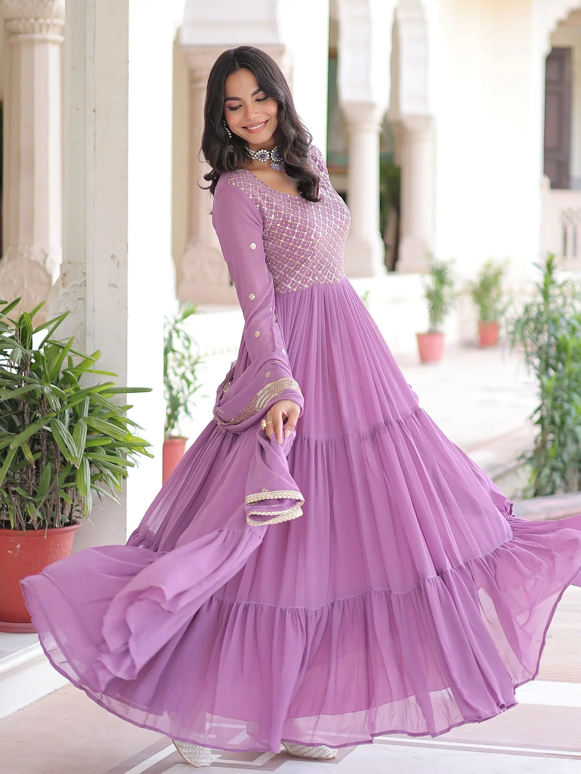 Great Lavender Zari Embroidery Georgette Event Wear Gown With Dupatta