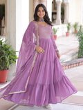 Great Lavender Zari Embroidery Georgette Event Wear Gown With Dupatta
