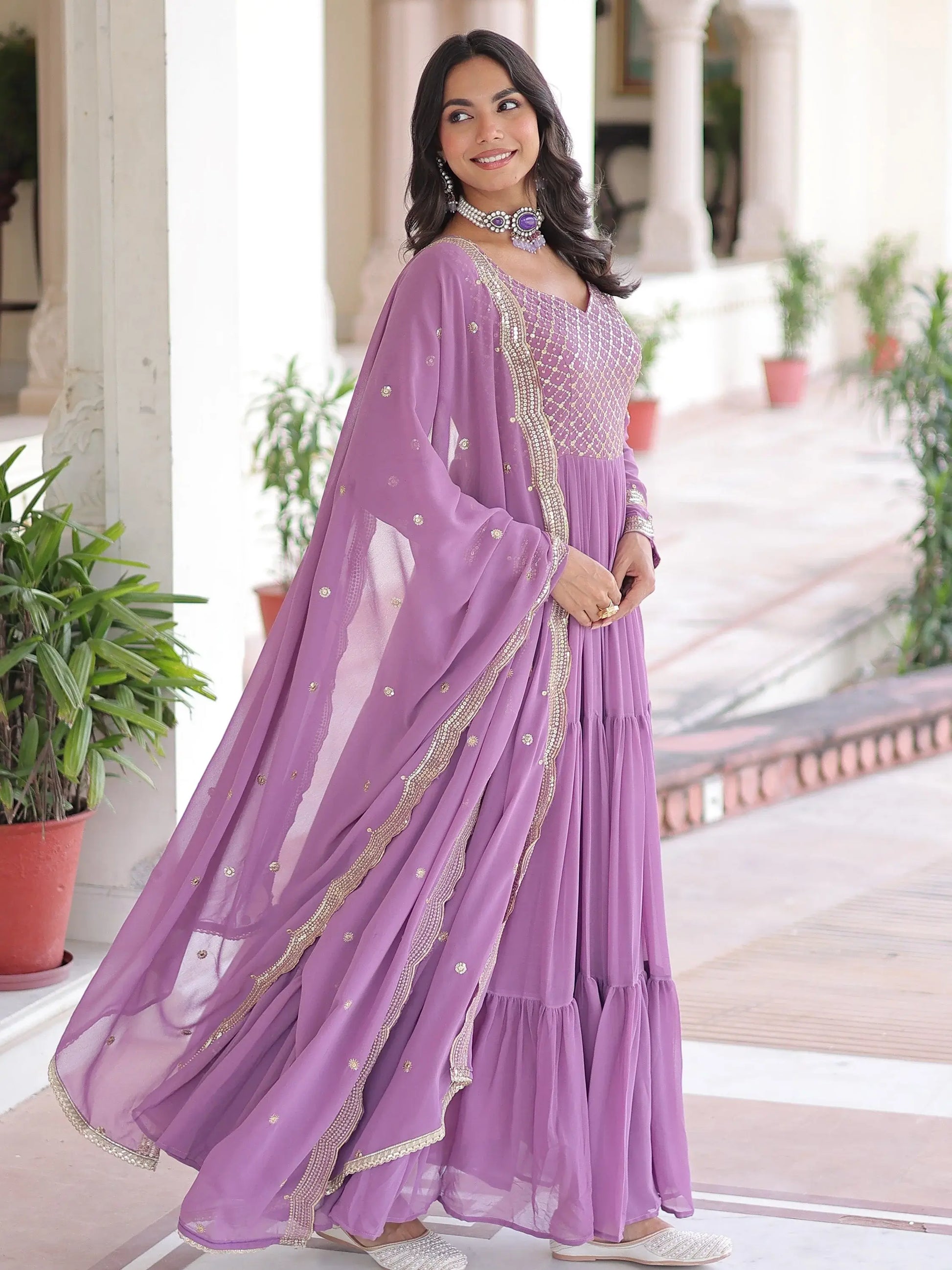 Great Lavender Zari Embroidery Georgette Event Wear Gown With Dupatta