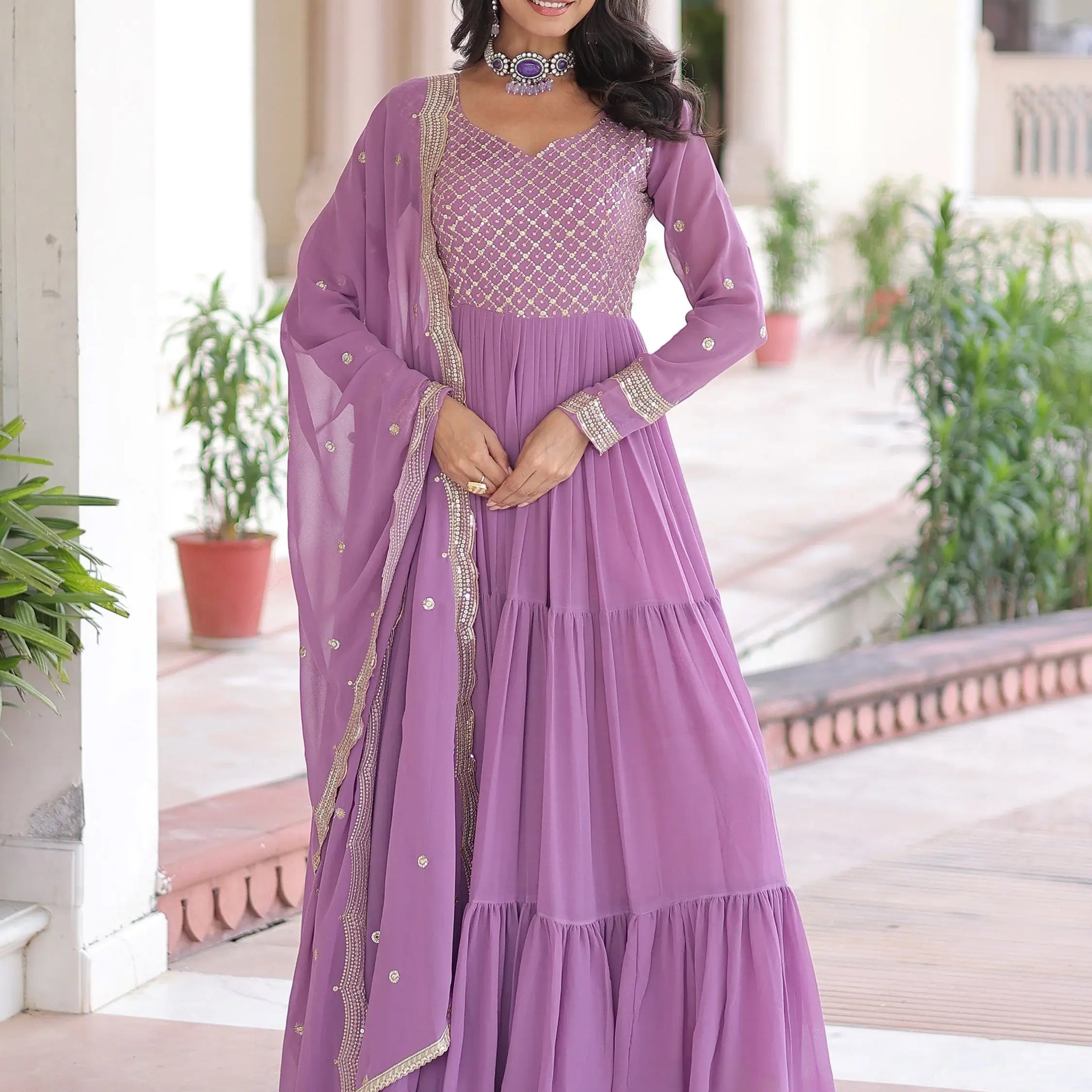 Great Lavender Zari Embroidery Georgette Event Wear Gown With Dupatta