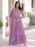 Great Lavender Zari Embroidery Georgette Event Wear Gown With Dupatta