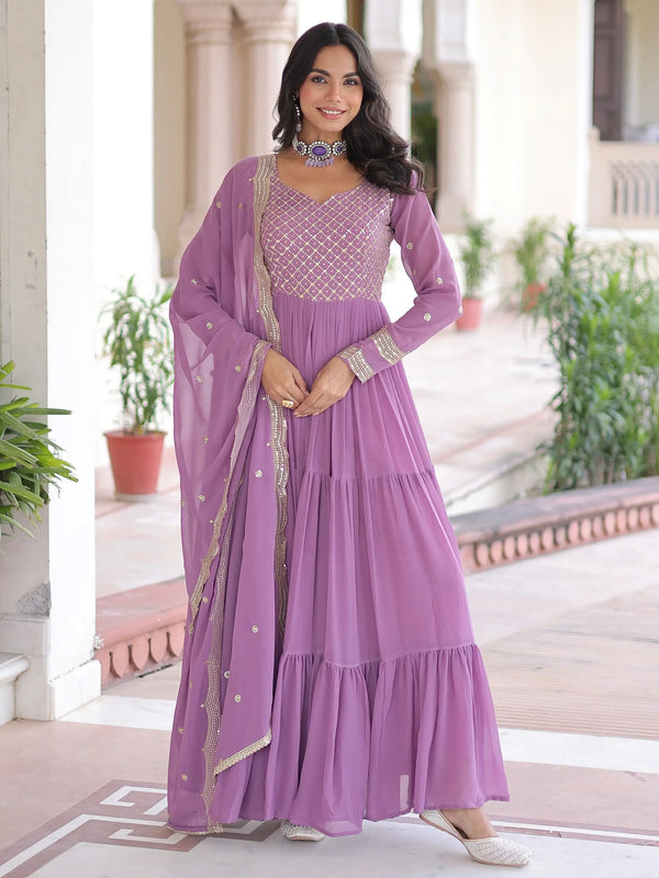 Great Lavender Zari Embroidery Georgette Event Wear Gown With Dupatta
