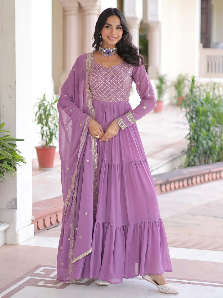 Great Lavender Zari Embroidery Georgette Event Wear Gown With Dupatta