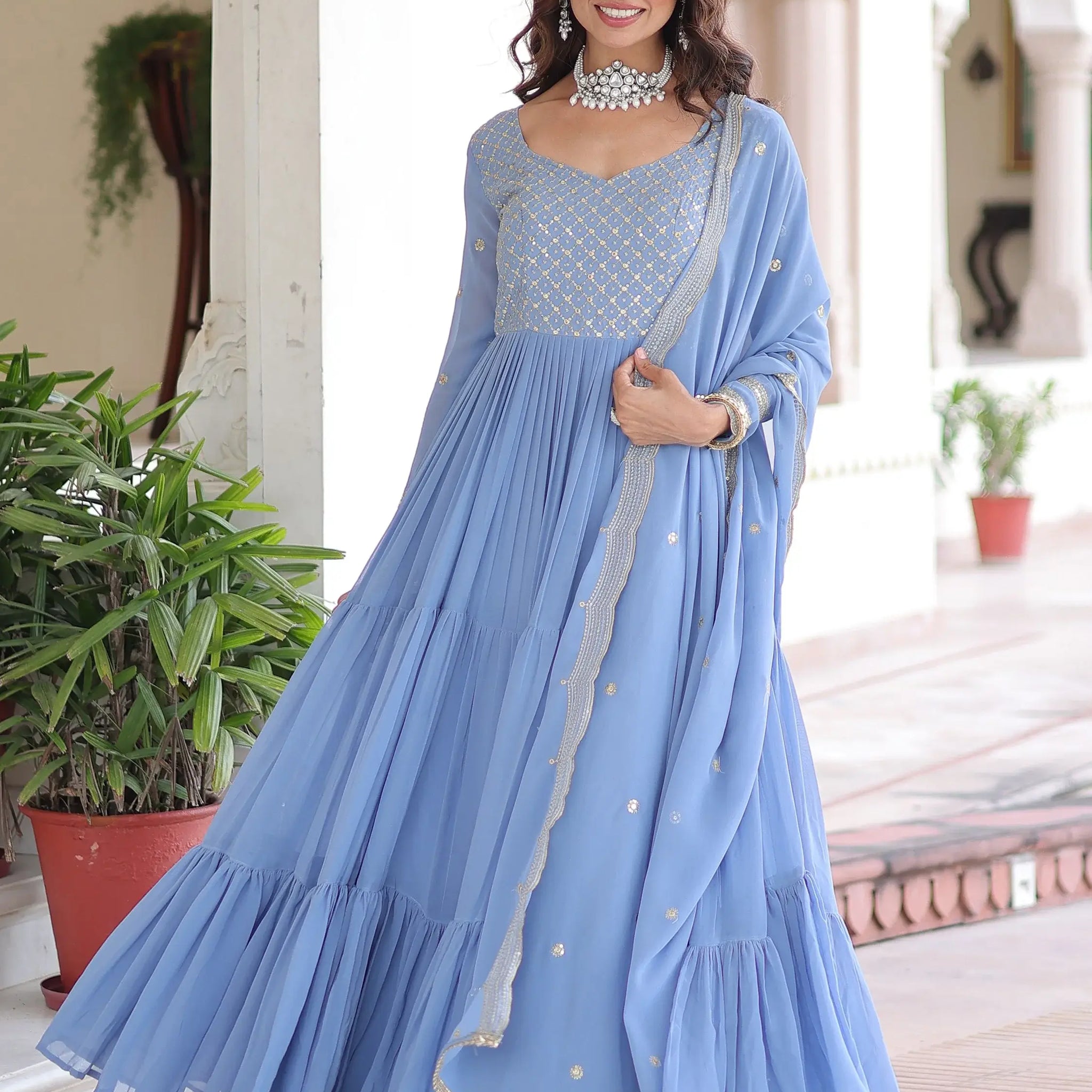 Lovely Sky Blue Sequins Embroidery Georgette Festive Wear Gown With Dupatta