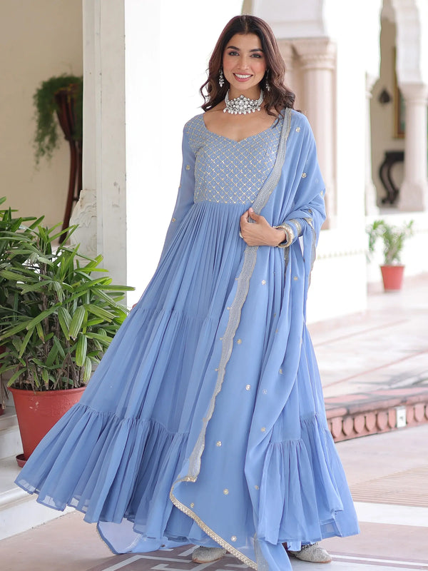 Lovely Sky Blue Sequins Embroidery Georgette Festive Wear Gown With Dupatta