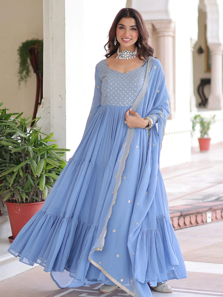 Lovely Sky Blue Sequins Embroidery Georgette Festive Wear Gown With Dupatta