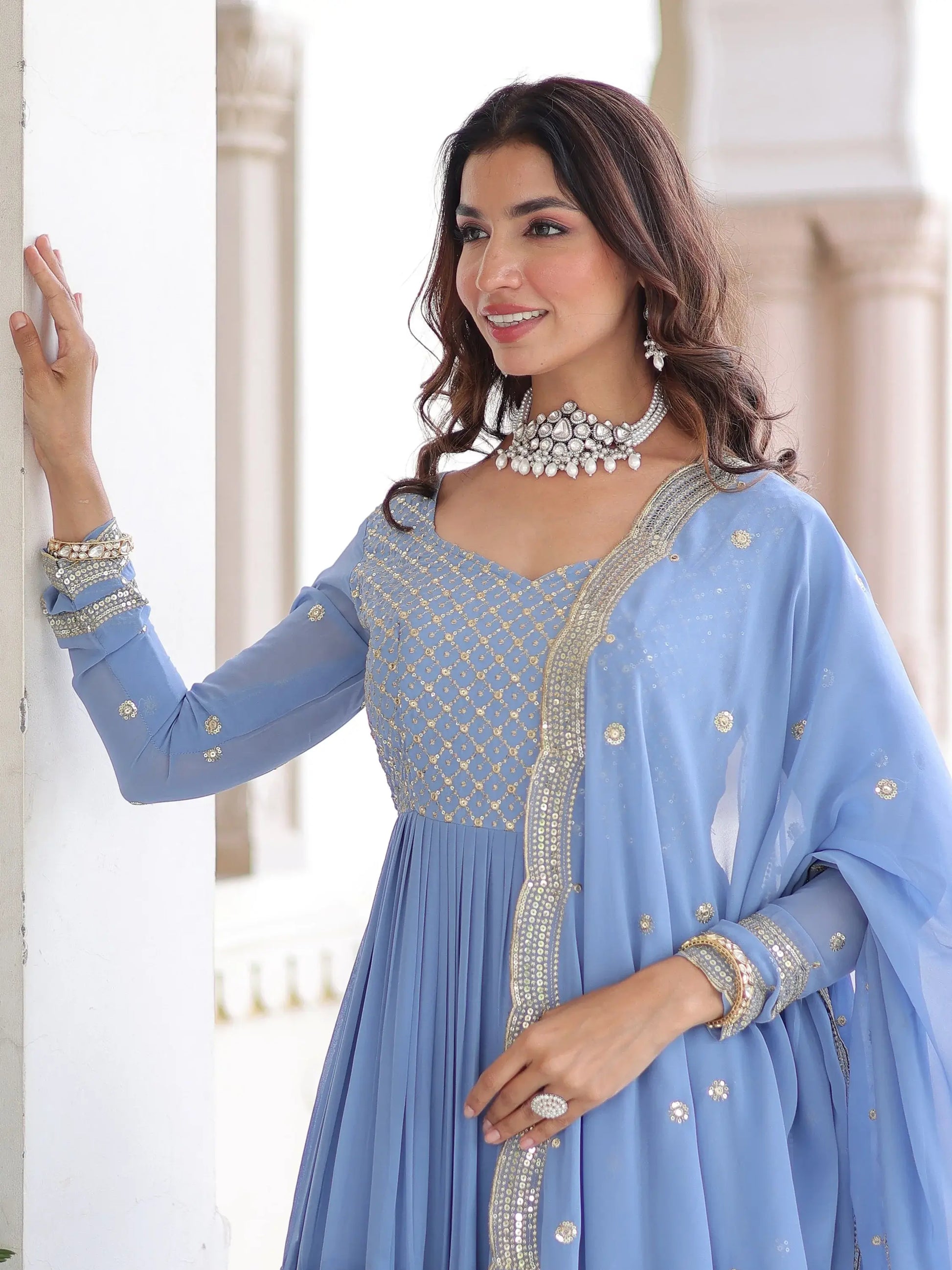 Lovely Sky Blue Sequins Embroidery Georgette Festive Wear Gown With Dupatta