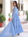 Lovely Sky Blue Sequins Embroidery Georgette Festive Wear Gown With Dupatta