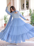 Lovely Sky Blue Sequins Embroidery Georgette Festive Wear Gown With Dupatta