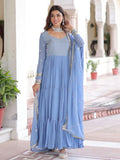 Lovely Sky Blue Sequins Embroidery Georgette Festive Wear Gown With Dupatta