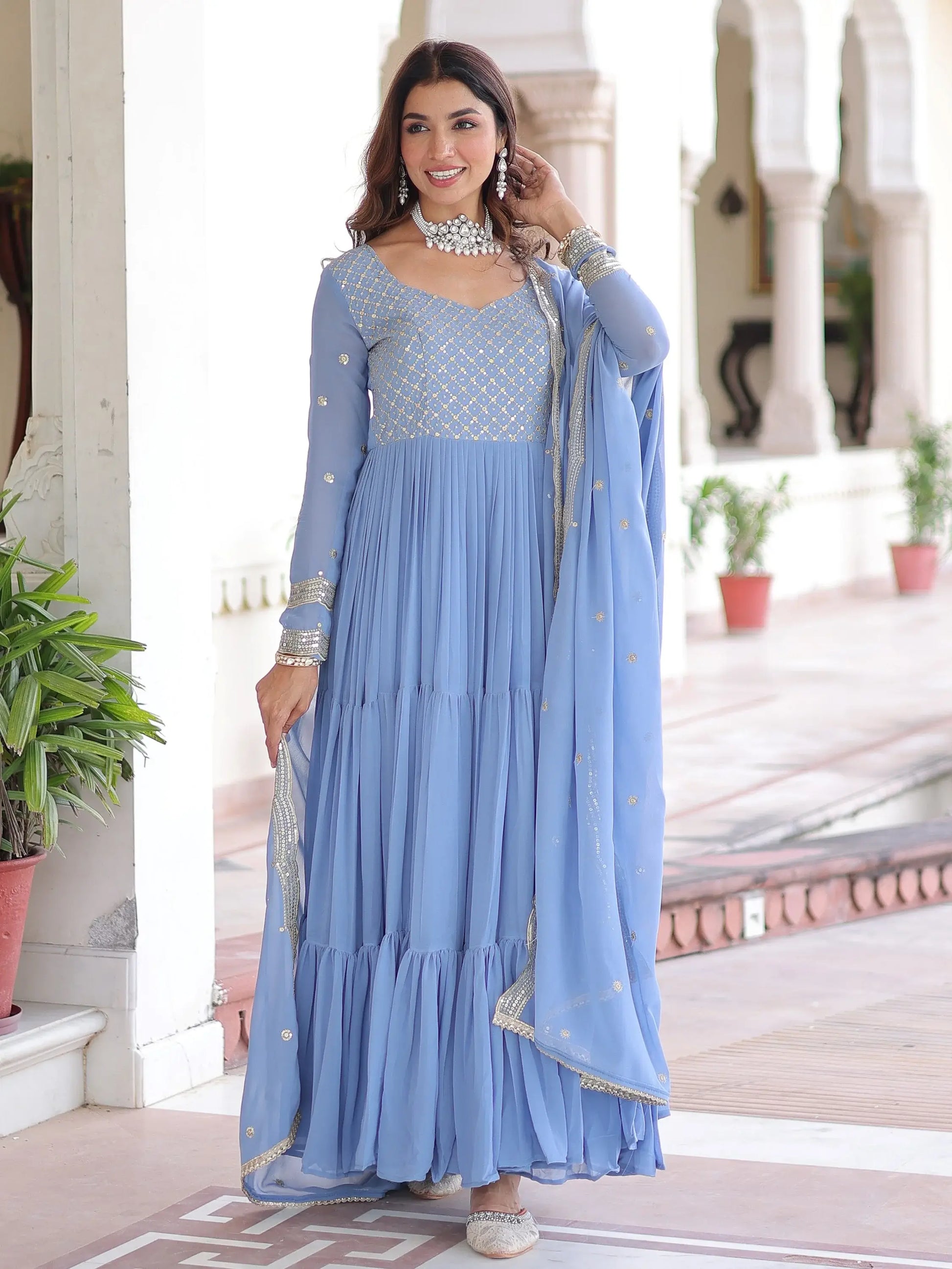 Lovely Sky Blue Sequins Embroidery Georgette Festive Wear Gown With Dupatta