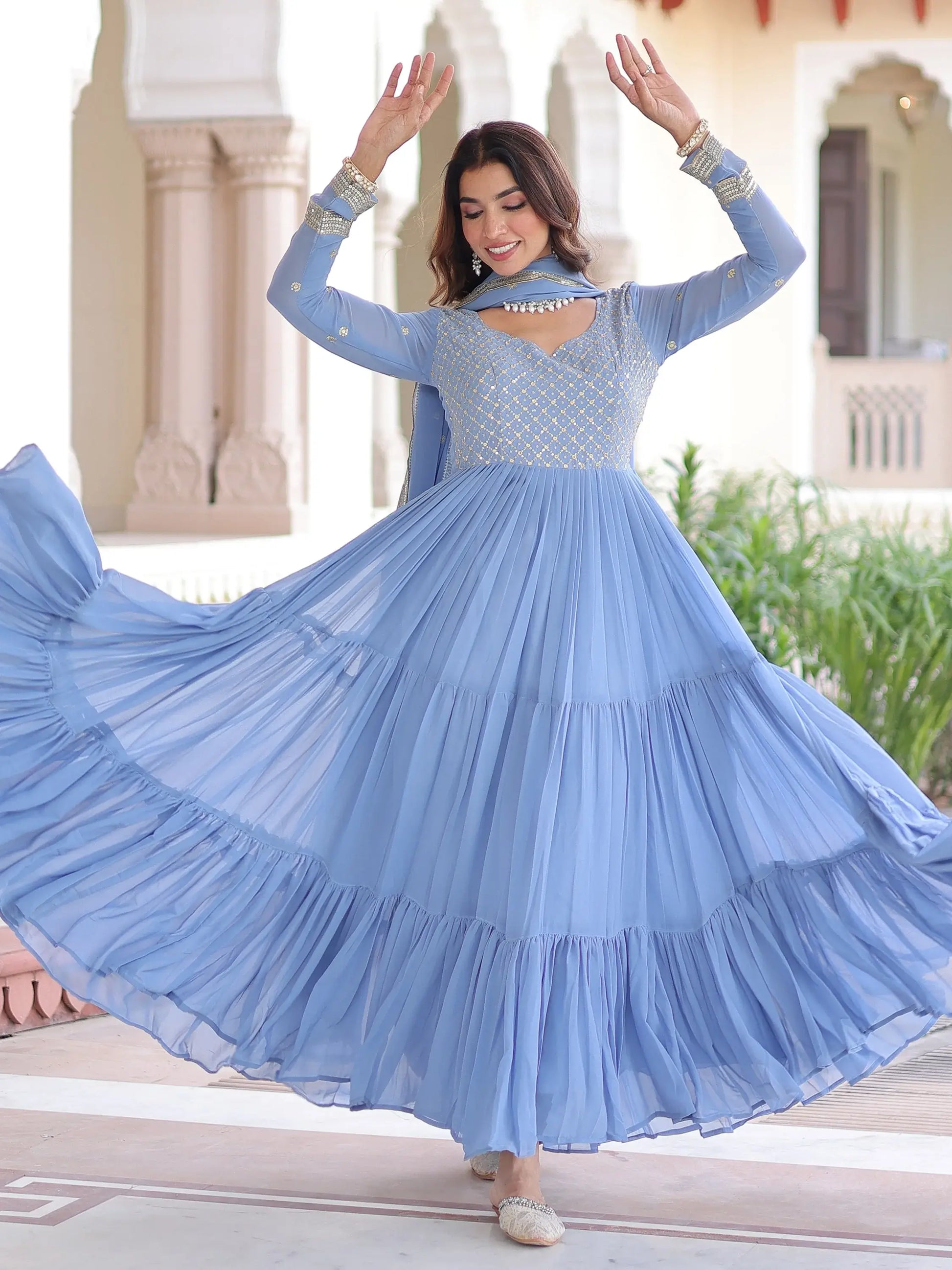 Lovely Sky Blue Sequins Embroidery Georgette Festive Wear Gown With Dupatta