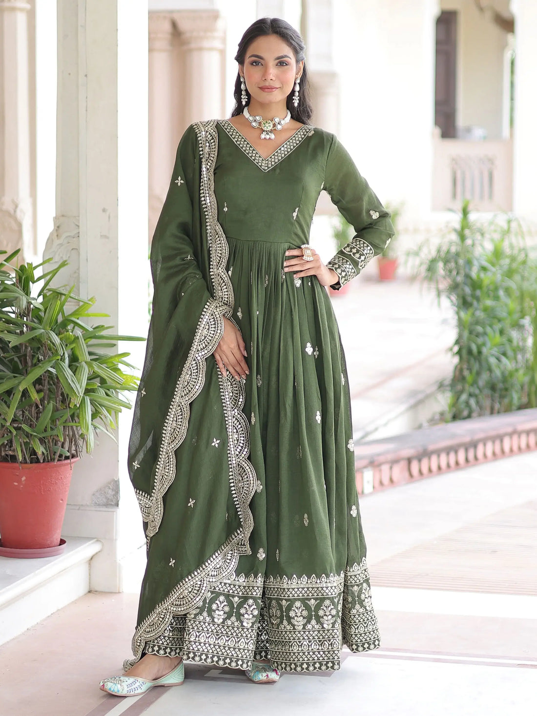 Beautiful Olive Green Zari Embroidery Silk Mehendi Wear Gown With Dupatta