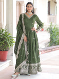 Beautiful Olive Green Zari Embroidery Silk Mehendi Wear Gown With Dupatta