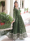 Beautiful Olive Green Zari Embroidery Silk Mehendi Wear Gown With Dupatta