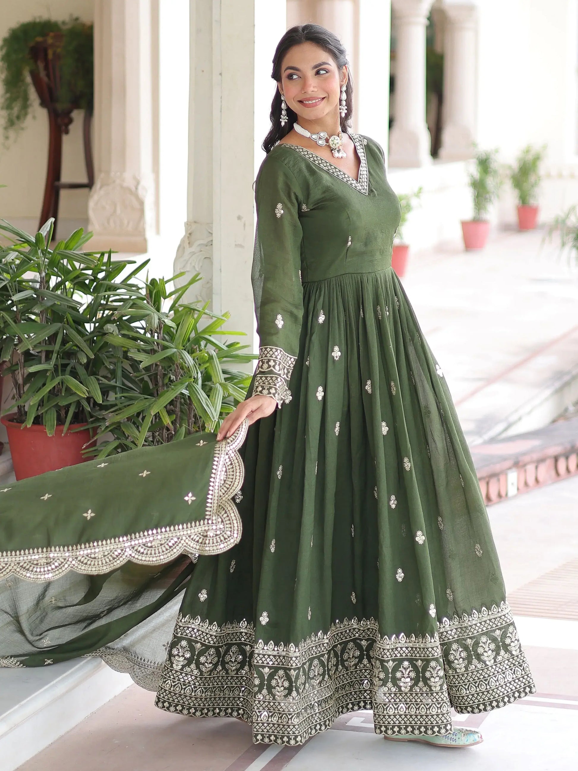 Beautiful Olive Green Zari Embroidery Silk Mehendi Wear Gown With Dupatta