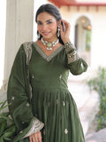 Beautiful Olive Green Zari Embroidery Silk Mehendi Wear Gown With Dupatta