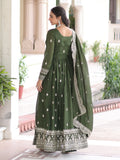 Beautiful Olive Green Zari Embroidery Silk Mehendi Wear Gown With Dupatta