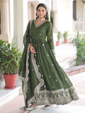 Beautiful Olive Green Zari Embroidery Silk Mehendi Wear Gown With Dupatta