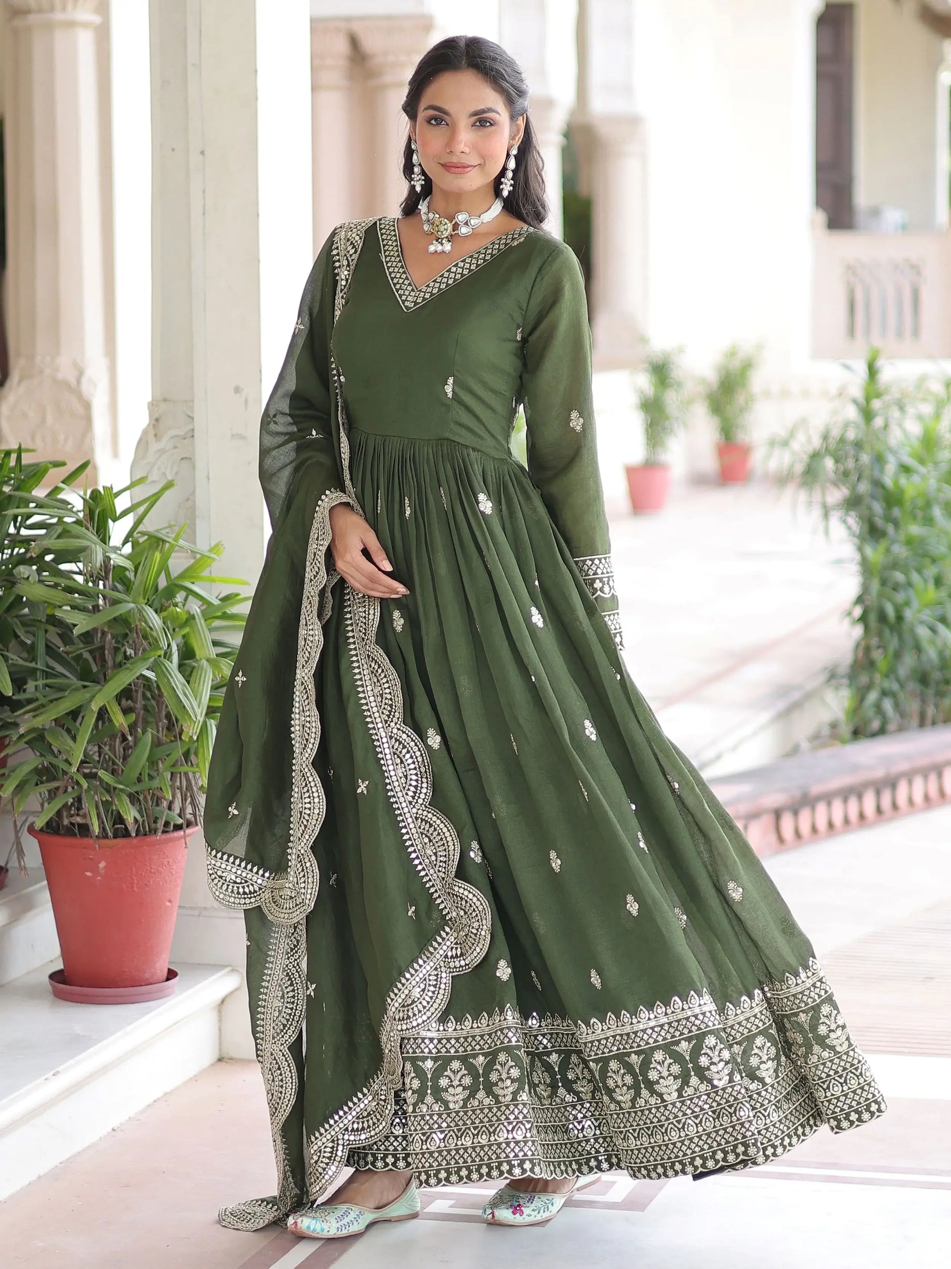 Beautiful Olive Green Zari Embroidery Silk Mehendi Wear Gown With Dupatta