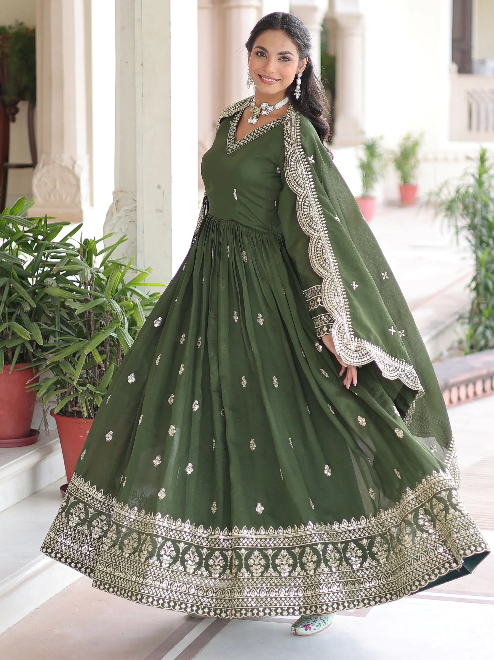 Beautiful Olive Green Zari Embroidery Silk Mehendi Wear Gown With Dupatta
