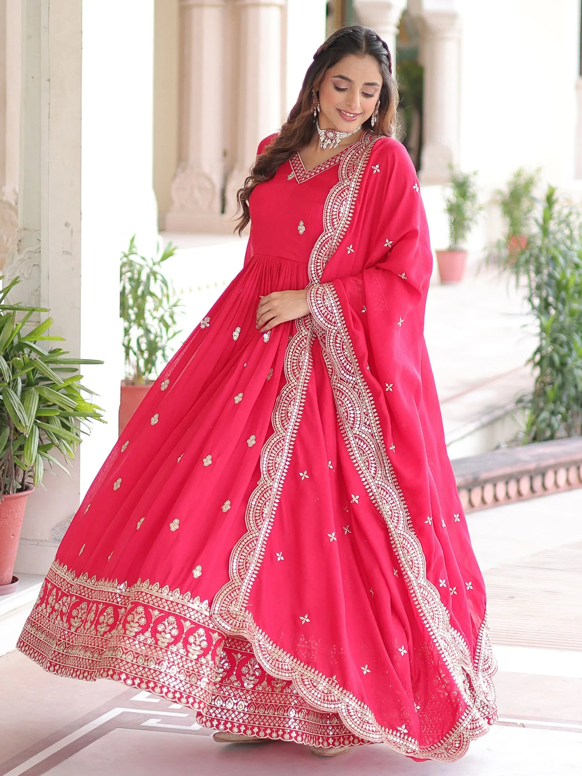 Awesome Pink Sequins Embroidery Silk Engagement Wear Gown With Dupatta