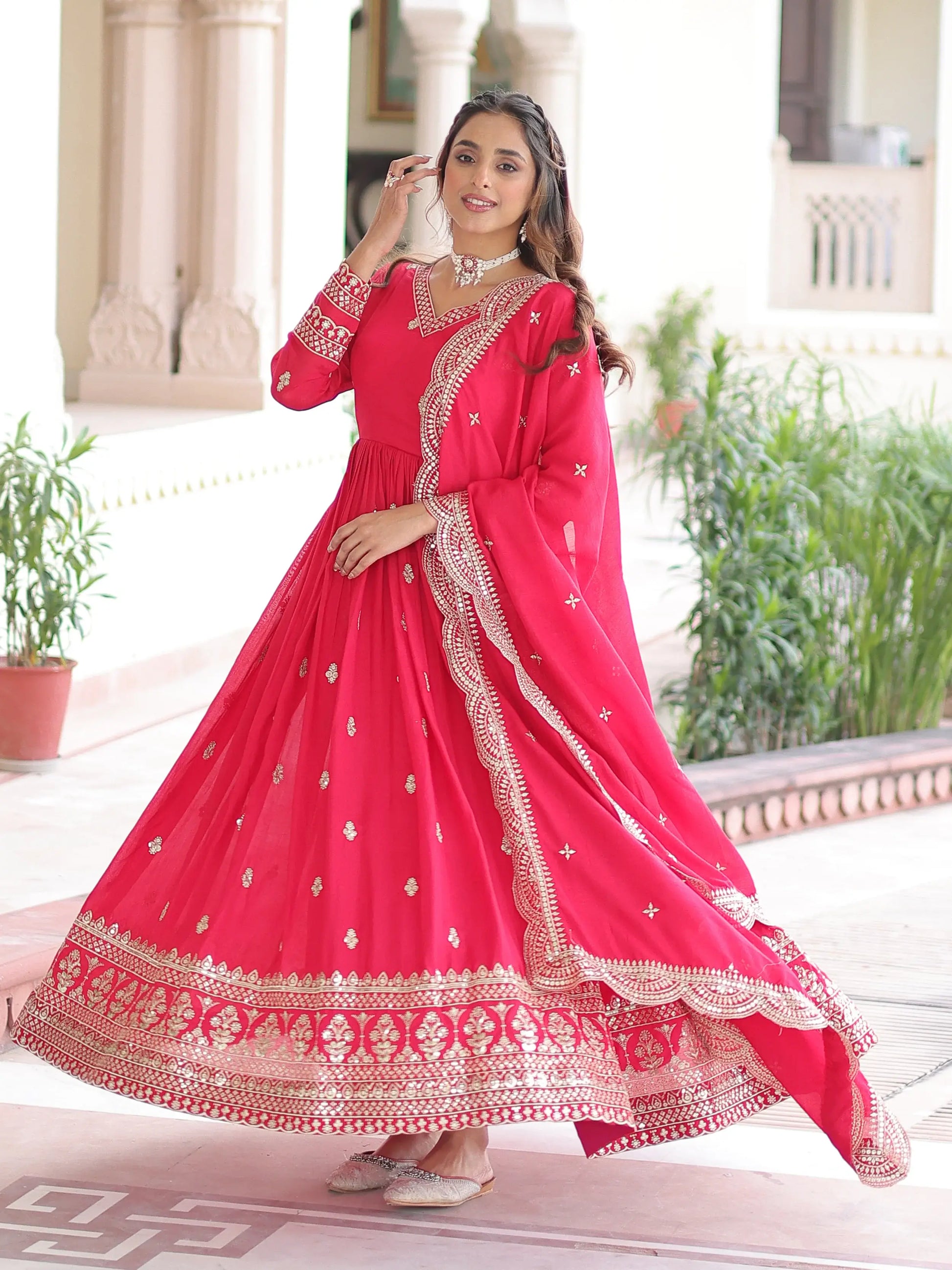Awesome Pink Sequins Embroidery Silk Engagement Wear Gown With Dupatta