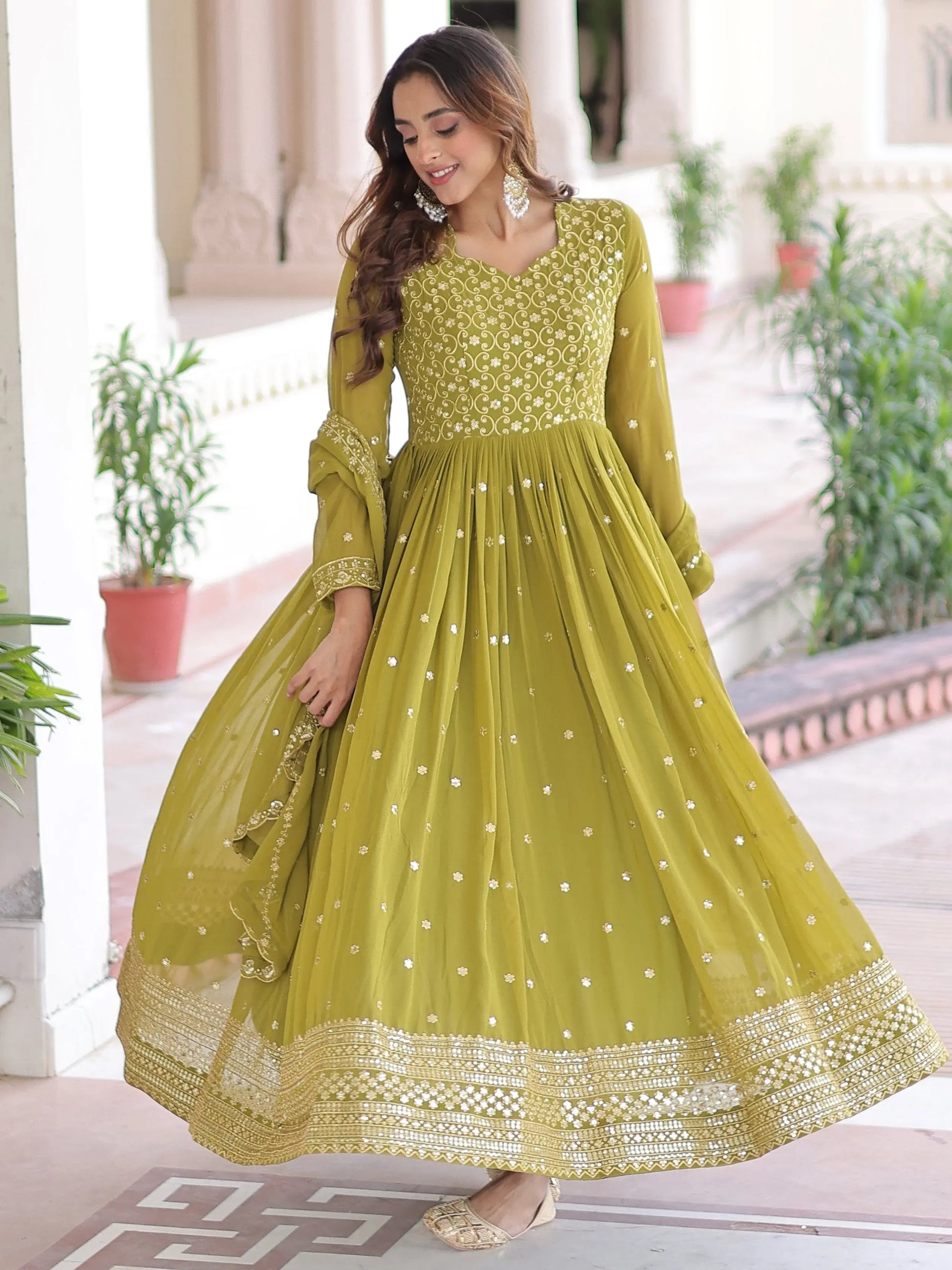 Pretty Green Embroidered Georgette Mehendi Wear Gown With Dupatta