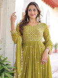 Pretty Green Embroidered Georgette Mehendi Wear Gown With Dupatta