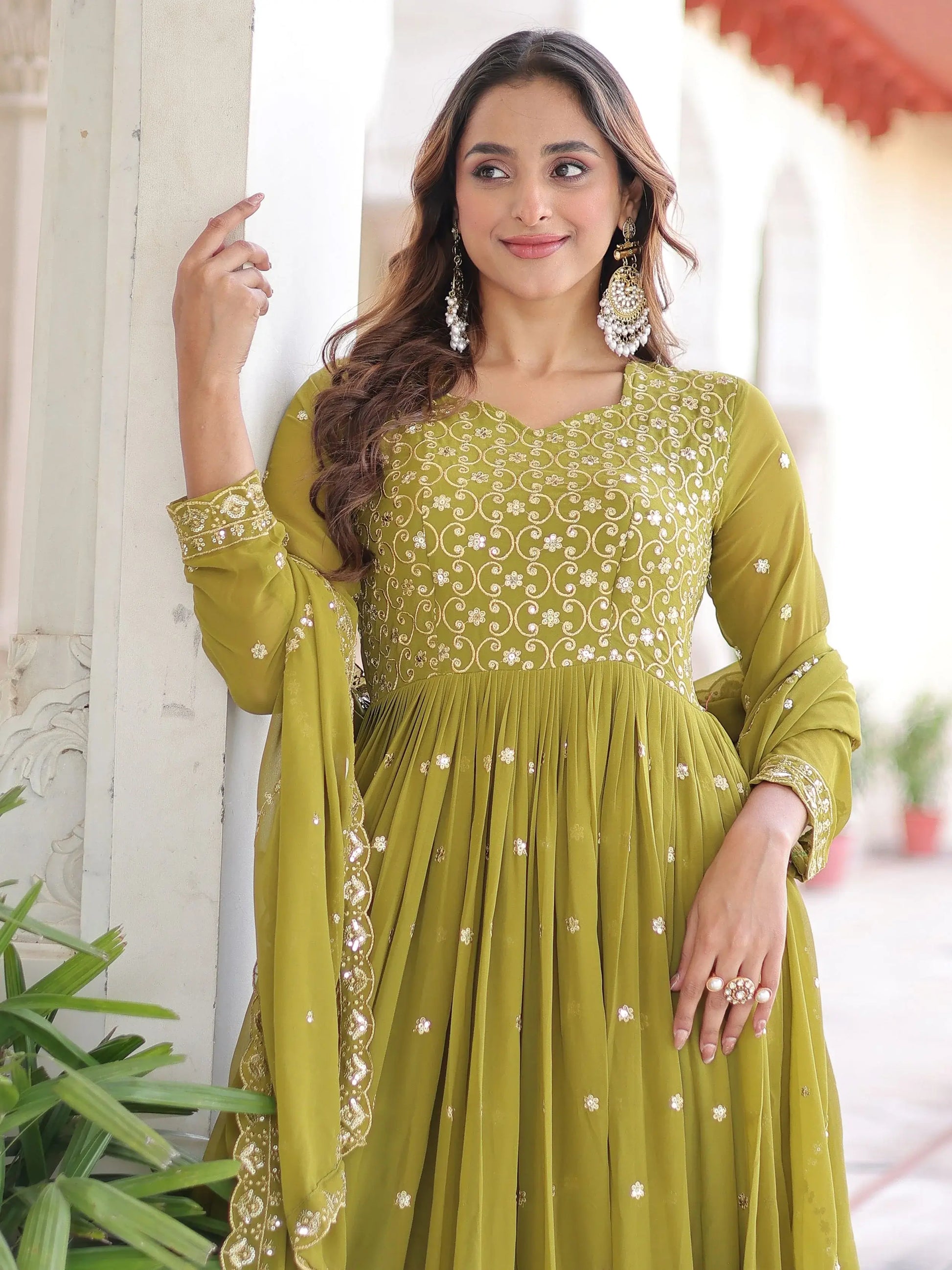Pretty Green Embroidered Georgette Mehendi Wear Gown With Dupatta